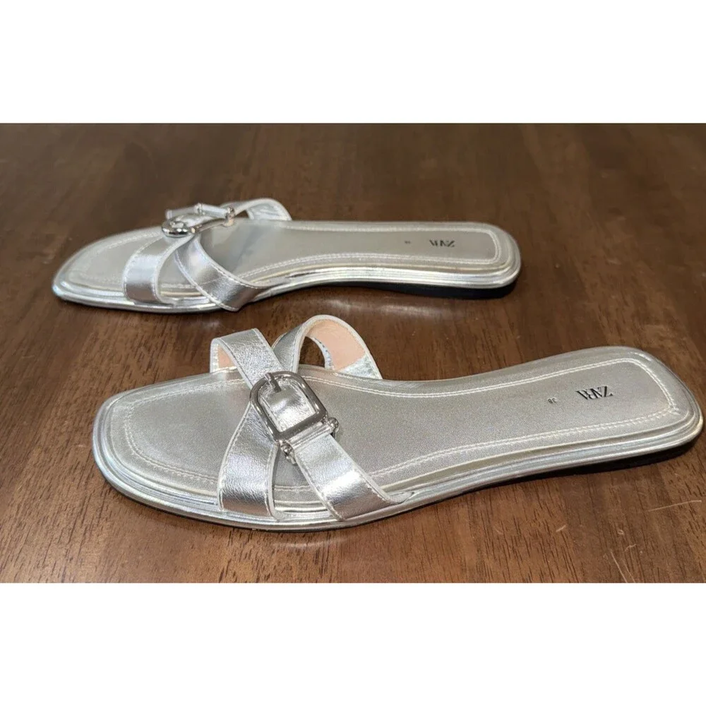 Zara Metallic Silver Strappy Slide Summer Sandals Buckle Open Toe EU38 US7 - Picture 4 of 8